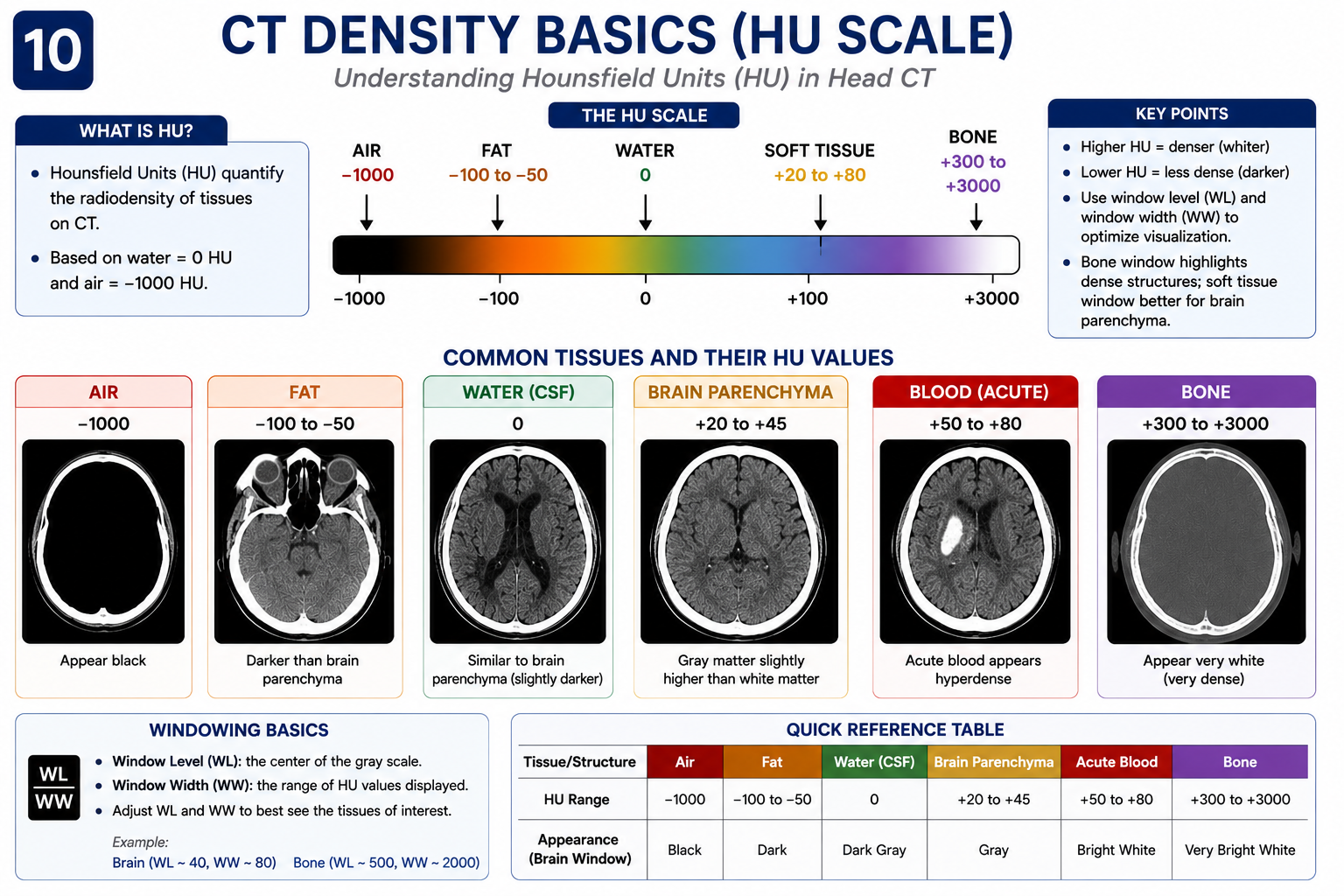 CT density scale and Hounsfield unit reference chart
